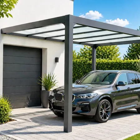 Carport adossé en aluminium avec voiture garée dessous, abri voiture design moderne