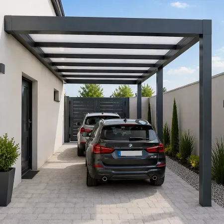 Carport adossé en aluminium avec deux voitures garées l’une derrière l’autre devant maison moderne avec portail