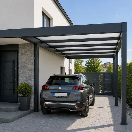 Abri voiture carport adossé en aluminium installé devant maison contemporaine avec voiture garée sur allée pavée