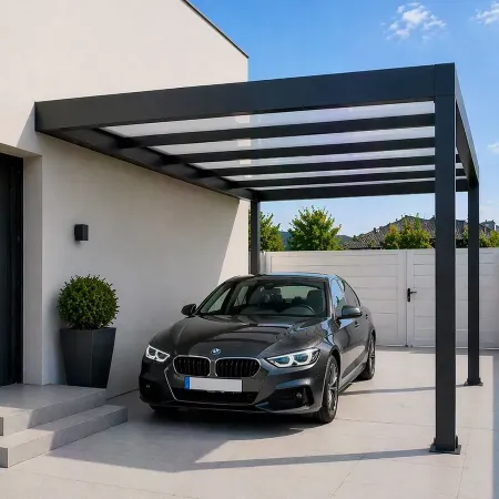 Abri voiture carport adossé en aluminium design moderne avec voiture devant maison contemporaine avec portail blanc