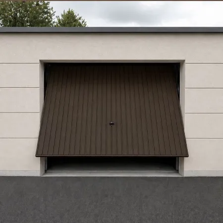 Porte de garage basculante RAL 8014 en bois foncé sur façade en crépi avec sol en bitume, vue extérieure large