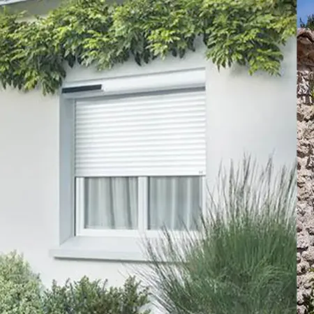 Volet roulant solaire installé sur façade de maison avec jardin et environnement extérieur moderne