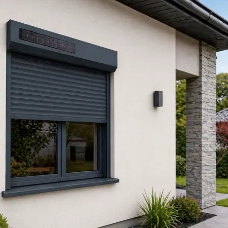 Volet roulant solaire RAL 7016 installé sur façade de maison moderne avec design contemporain extérieur