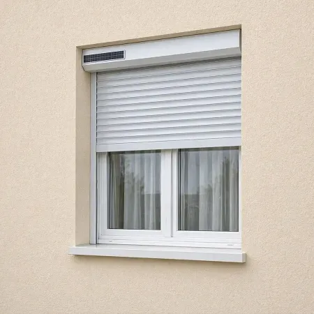 Volet roulant solaire RAL 9006 sur façade de maison en crépi beige avec fenêtre moderne extérieure