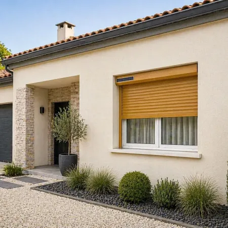 Volet roulant solaire effet bois chêne doré installé sur façade de maison moderne avec jardin extérieur
