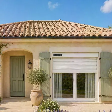 Volet roulant solaire installé sur porte-fenêtre de maison provençale avec façade extérieure et jardin méditerranéen