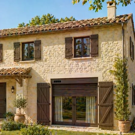 Volets roulants solaires installés sur les fenêtres d'une maison provençale à étage avec façade extérieure et jardin paysager