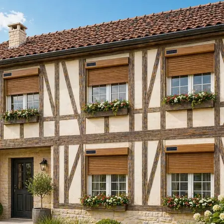 Volets roulants solaires avec panneaux photovoltaïques positionnés à gauche sur maison normande avec façade extérieure et jardin