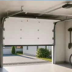Porte de garage sectionnelle motorisée installée à l’intérieur d’un garage avec rails au plafond et ouverture partielle