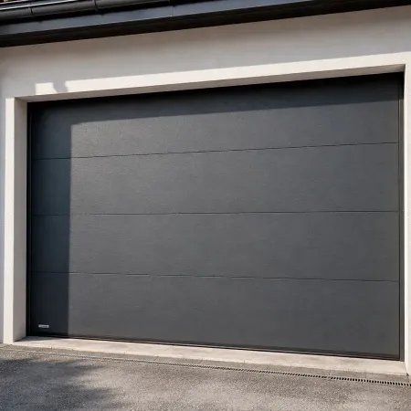 Porte de garage sectionnelle anthracite sur maison contemporaine avec façade beige et allée en béton