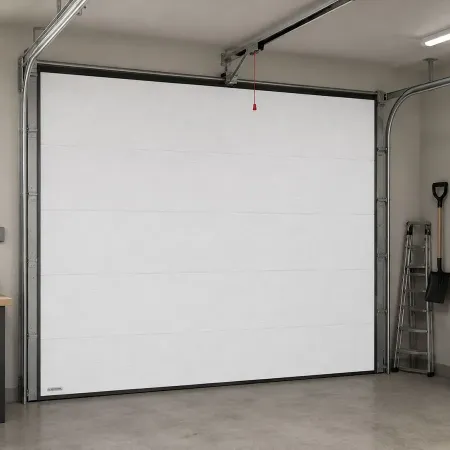 Installation d’une porte de garage sectionnelle blanche avec rails de guidage au plafond dans un garage organisé