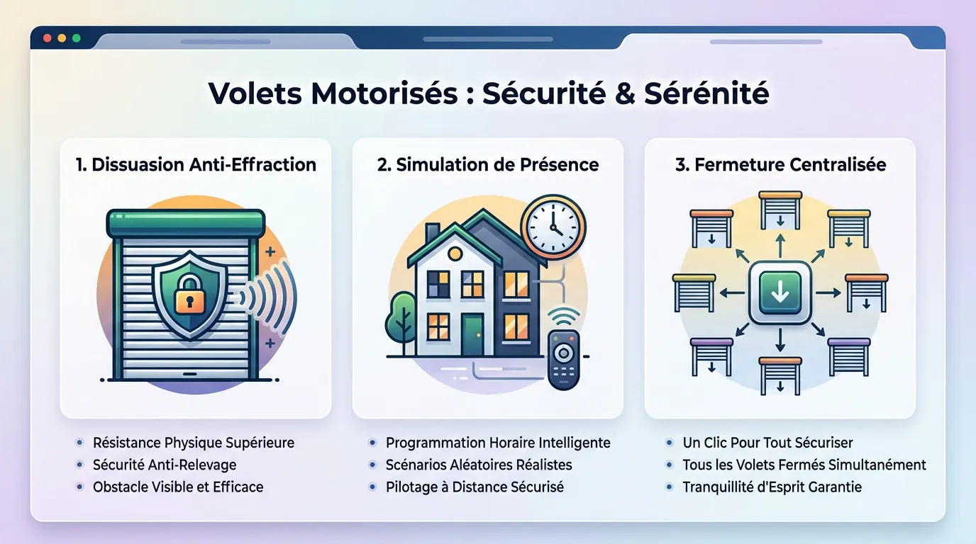 Maison moderne s&eacute;curis&eacute;e avec des volets roulants motoris&eacute;s ferm&eacute;s