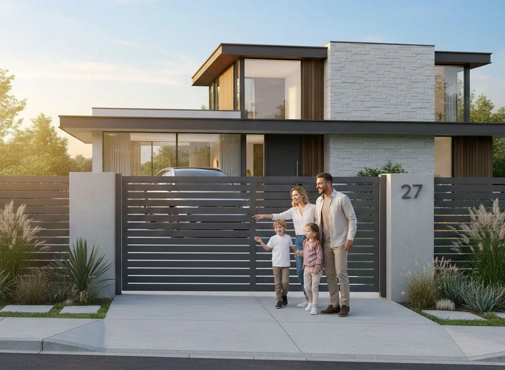 portail coulissant alu devant une famille