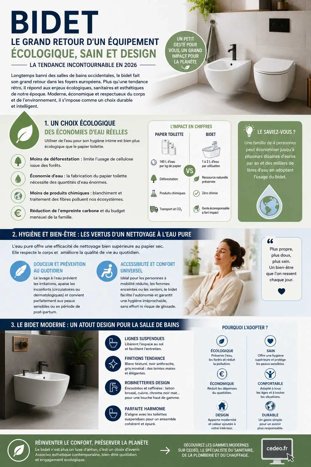 Infographie sur les avantages du bidet moderne : réduction de la consommation d'eau, hygiène intime, confort quotidien, accessibilité et design contemporain dans une salle de bains.