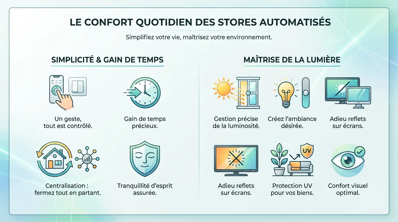Infographie illustrant le confort quotidien et la gestion de la lumi&egrave;re avec des volets roulants automatis&eacute;s