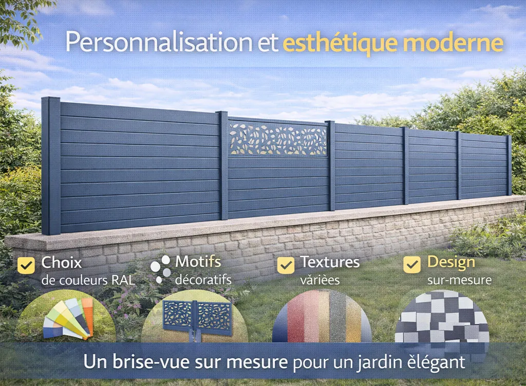 Brise-vue en aluminium RAL 5014 avec design moderne, panneaux personnalisables, motifs d&eacute;coratifs et finitions sur mesure pour une esth&eacute;tique contemporaine