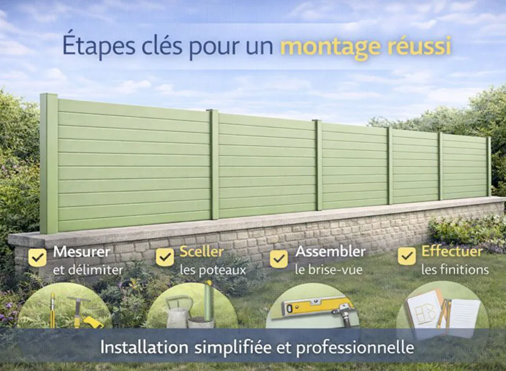 Brise-vue en aluminium RAL 6021 installé sur muret, illustrant les étapes clés pour un montage réussi : prise de mesures, scellement des poteaux, assemblage et finitions