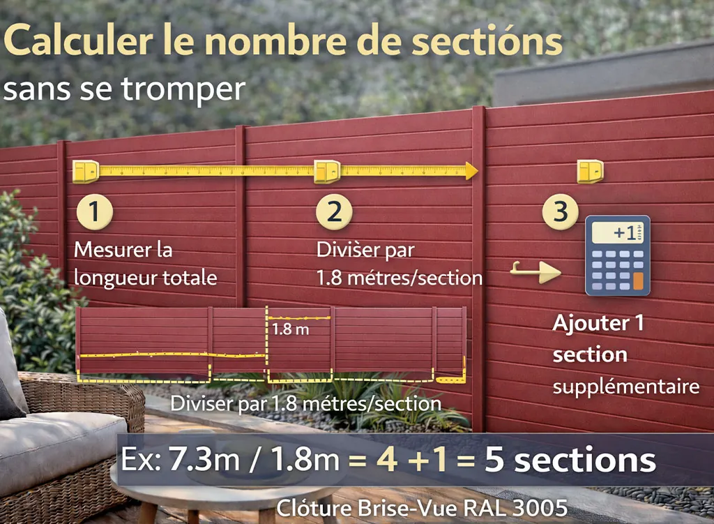 Calculer le nombre de sections d&rsquo;une cl&ocirc;ture brise-vue &agrave; lames horizontales en aluminium RAL 3005 pour une installation pr&eacute;cise et sans erreur