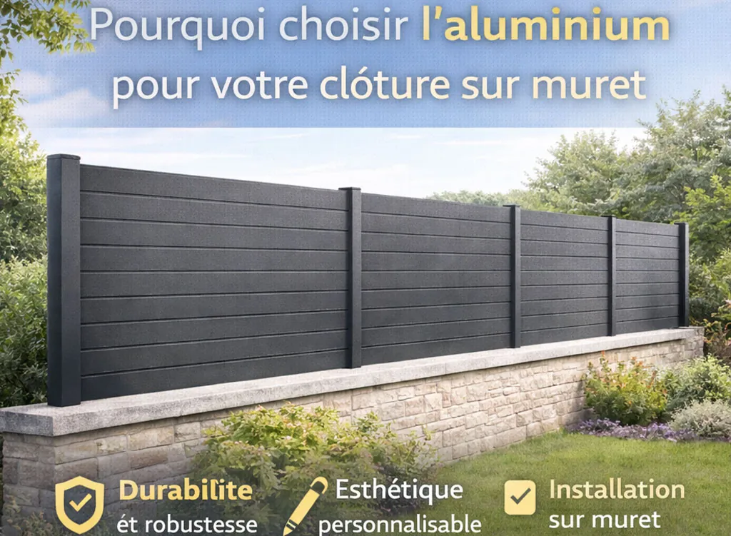 Cl&ocirc;ture brise-vue en aluminium install&eacute;e sur muret, mettant en avant les avantages de l&rsquo;aluminium en termes de durabilit&eacute;, esth&eacute;tique et facilit&eacute; d&rsquo;installation