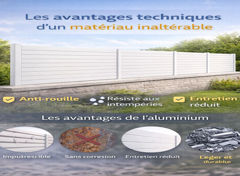 Cl&ocirc;ture brise-vue blanche en aluminium mettant en avant les avantages techniques d&rsquo;un mat&eacute;riau inalt&eacute;rable, durable et sans entretien