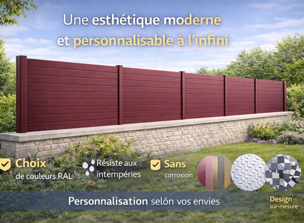 Cl&ocirc;ture brise-vue en aluminium RAL 3005 install&eacute;e sur muret, offrant une esth&eacute;tique moderne et une personnalisation infinie gr&acirc;ce aux finitions, couleurs et designs sur mesure