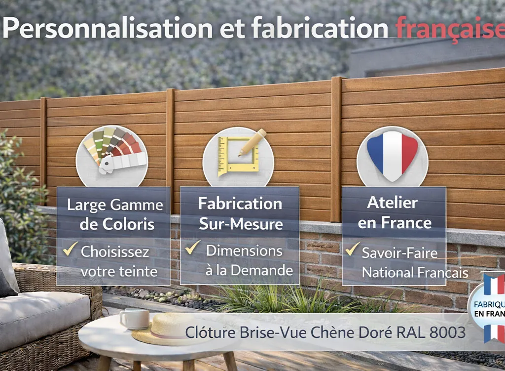 Cl&ocirc;ture brise-vue &agrave; lames horizontales finition ch&ecirc;ne dor&eacute; en aluminium, personnalisable et fabriqu&eacute;e en France, id&eacute;ale pour un jardin &eacute;l&eacute;gant et sur mesure