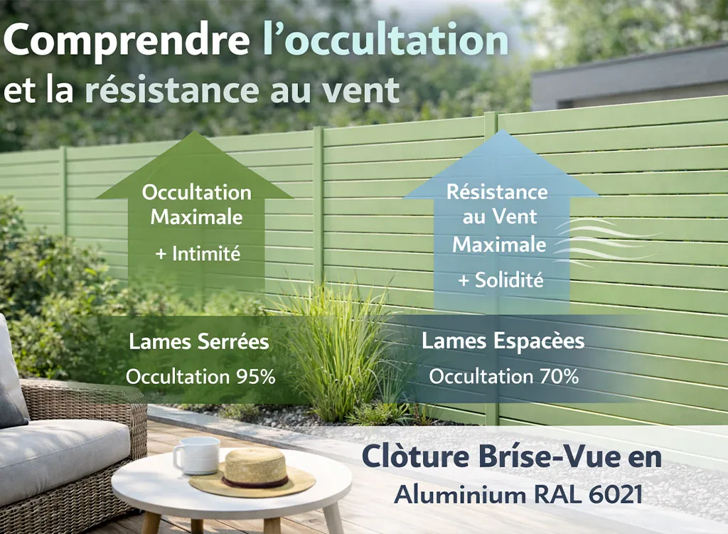 Clôture brise-vue moderne à lames horizontales en aluminium RAL 6021 illustrant l’occultation et la résistance au vent pour un extérieur sécurisé et design