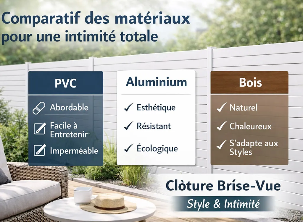 Cl&ocirc;ture brise-vue moderne &agrave; lames horizontales en RAL 9016 avec comparatif des mat&eacute;riaux pour une intimit&eacute; totale dans un ext&eacute;rieur contemporain