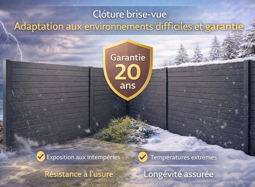 Cl&ocirc;ture brise-vue r&eacute;sistante install&eacute;e en environnement difficile, con&ccedil;ue pour supporter les intemp&eacute;ries, temp&eacute;ratures extr&ecirc;mes et offrir une garantie longue dur&eacute;e