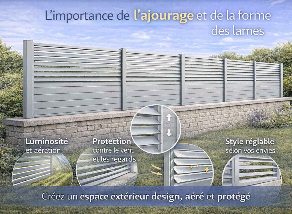 Clôture en aluminium à lames ajourées RAL 9006 installée sur muret, illustrant l’importance de l’ajourage et de la forme des lames pour la luminosité, la ventilation et l’esthétique moderne