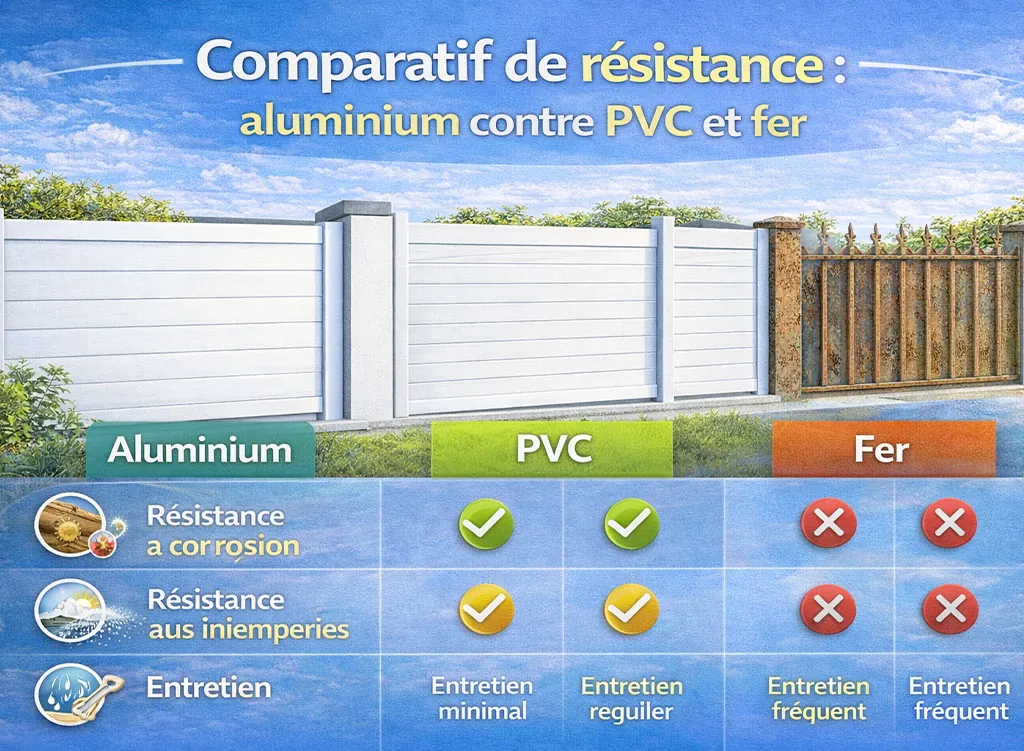 Infographie comparant la résistance des clôtures en aluminium, PVC et fer face aux intempéries, à la corrosion et aux chocs