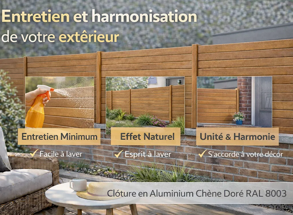 Entretien et harmonisation de l&rsquo;ext&eacute;rieur avec une cl&ocirc;ture brise-vue &agrave; lames horizontales en aluminium finition ch&ecirc;ne dor&eacute;, &eacute;l&eacute;gante et facile &agrave; entretenir