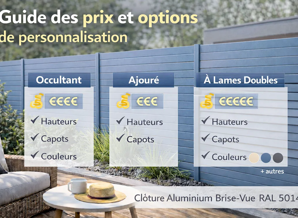 Guide des prix et options de personnalisation d’une clôture brise-vue moderne à lames horizontales en aluminium RAL 5014 pour un extérieur sur mesure