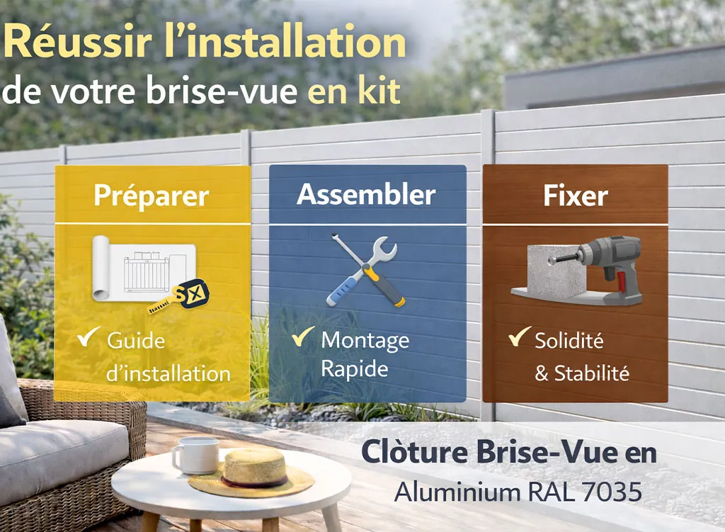 R&eacute;ussir l&rsquo;installation d&rsquo;un brise-vue en kit avec une cl&ocirc;ture &agrave; lames horizontales en aluminium RAL 7035, &eacute;tapes de pr&eacute;paration, montage et fixation