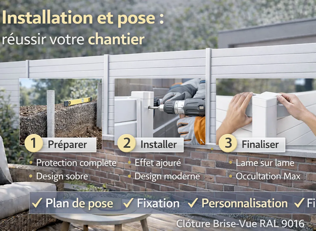 Installation et pose d&rsquo;une cl&ocirc;ture brise-vue &agrave; lames horizontales en aluminium RAL 9016, &eacute;tapes cl&eacute;s pour r&eacute;ussir votre chantier ext&eacute;rieur