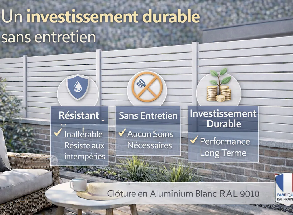 Cl&ocirc;ture brise-vue &agrave; lames horizontales en aluminium RAL 9010, un investissement durable sans entretien, r&eacute;sistant aux intemp&eacute;ries et con&ccedil;u pour le long terme