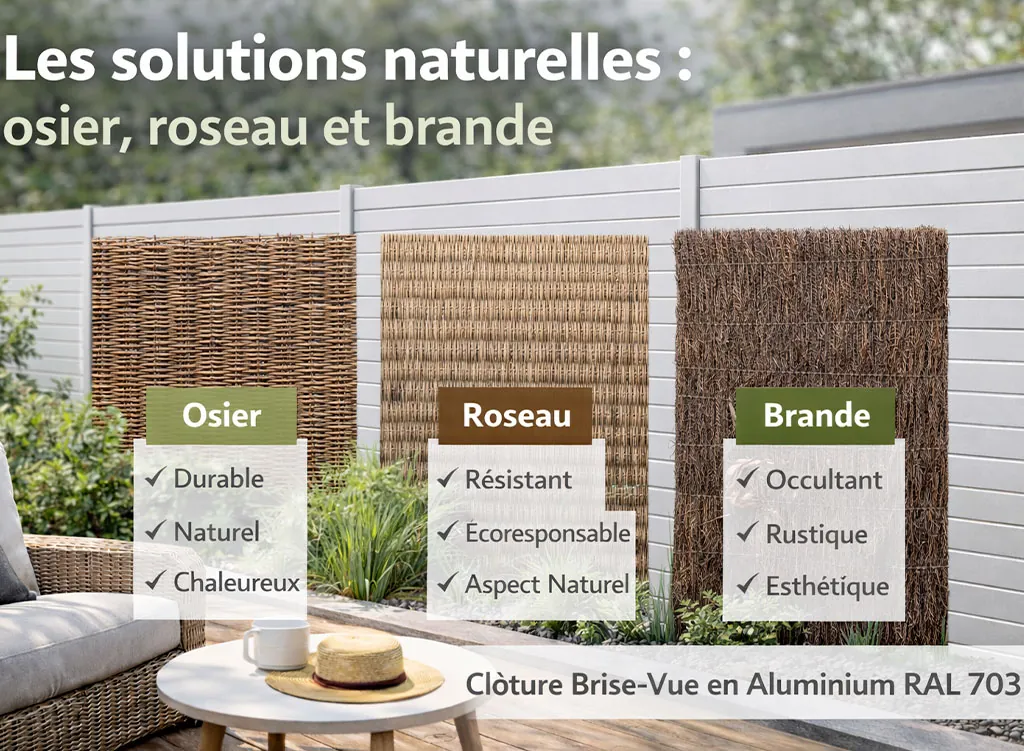Solutions naturelles de brise-vue en osier, roseau et brande int&eacute;gr&eacute;es &agrave; une cl&ocirc;ture moderne &agrave; lames horizontales en aluminium RAL 7035 pour le jardin