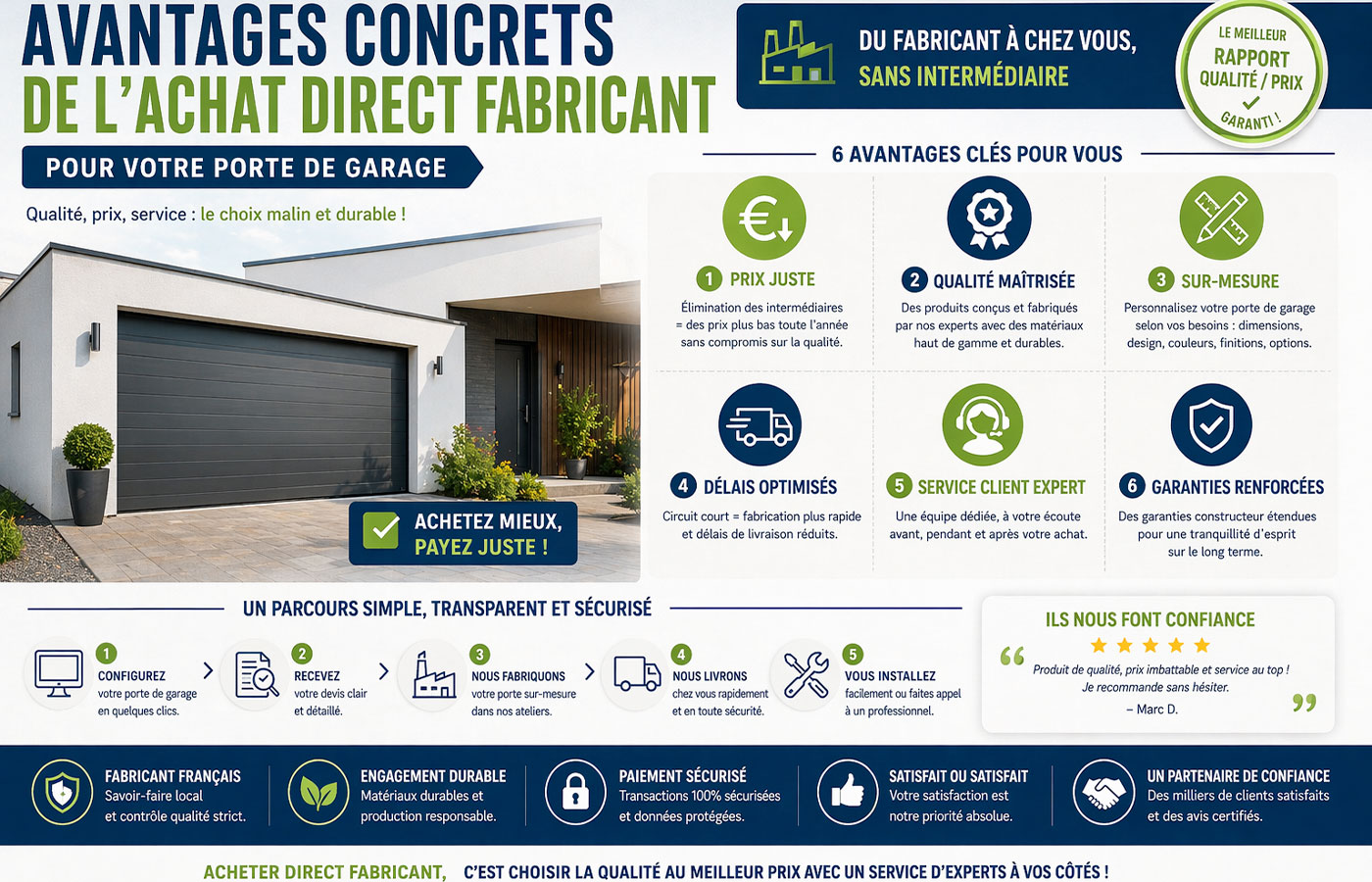 Pourquoi acheter sa porte de garage directement chez le fabricant : avantages en prix, qualit&eacute;, personnalisation et d&eacute;lais expliqu&eacute;s en infographie