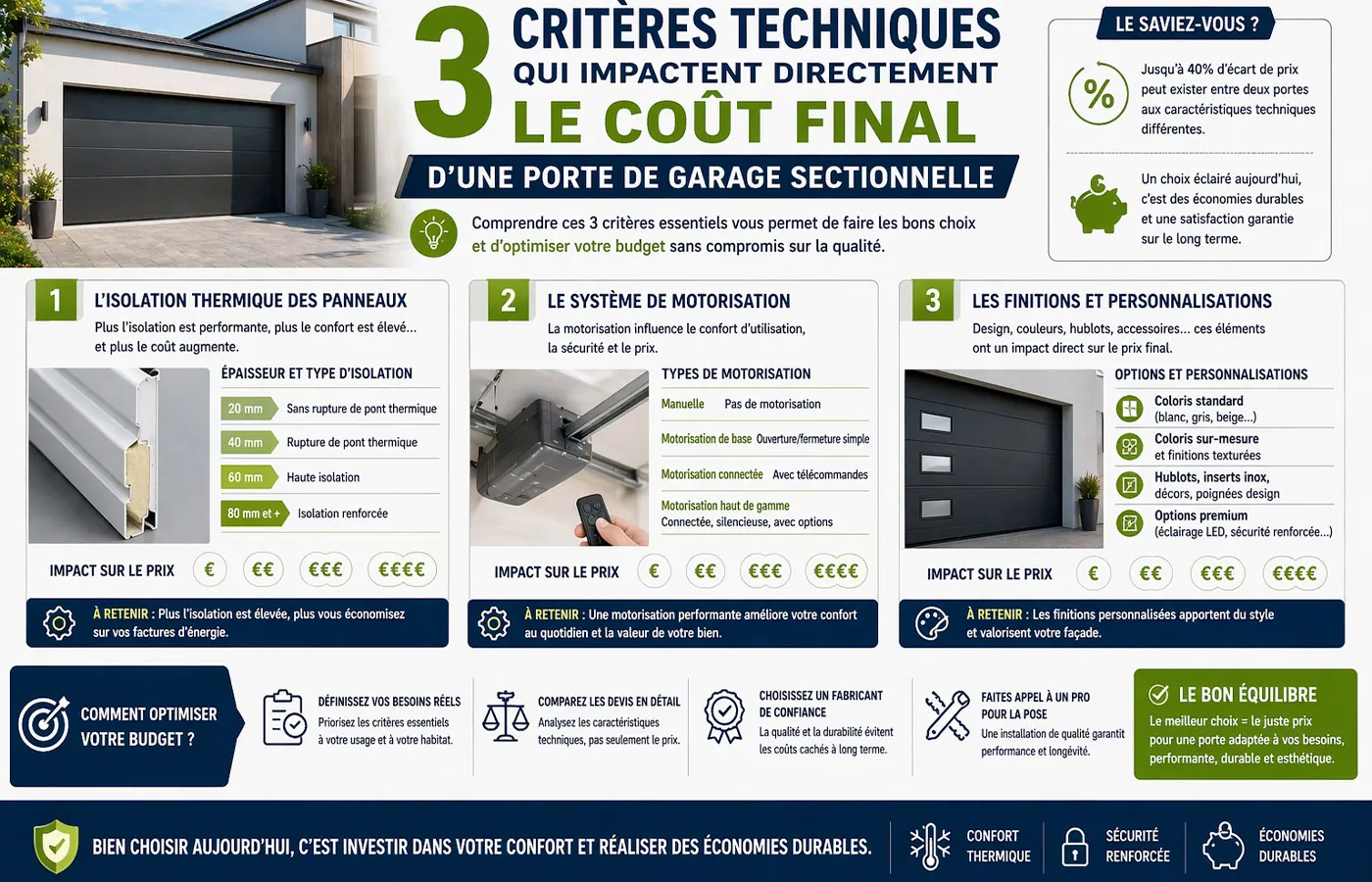 Quels crit&egrave;res influencent le co&ucirc;t d&rsquo;une porte de garage sectionnelle : isolation thermique, motorisation et options expliqu&eacute;s 