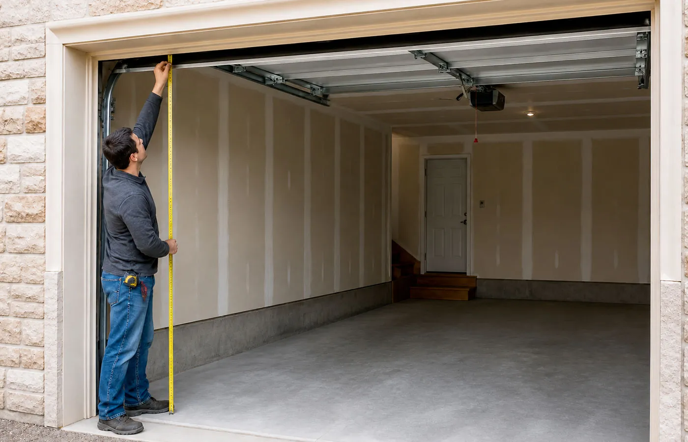 Prise de cotes pour une porte de garage sectionnelle avec mesure de la hauteur d&rsquo;ouverture avant installation sur mesure.