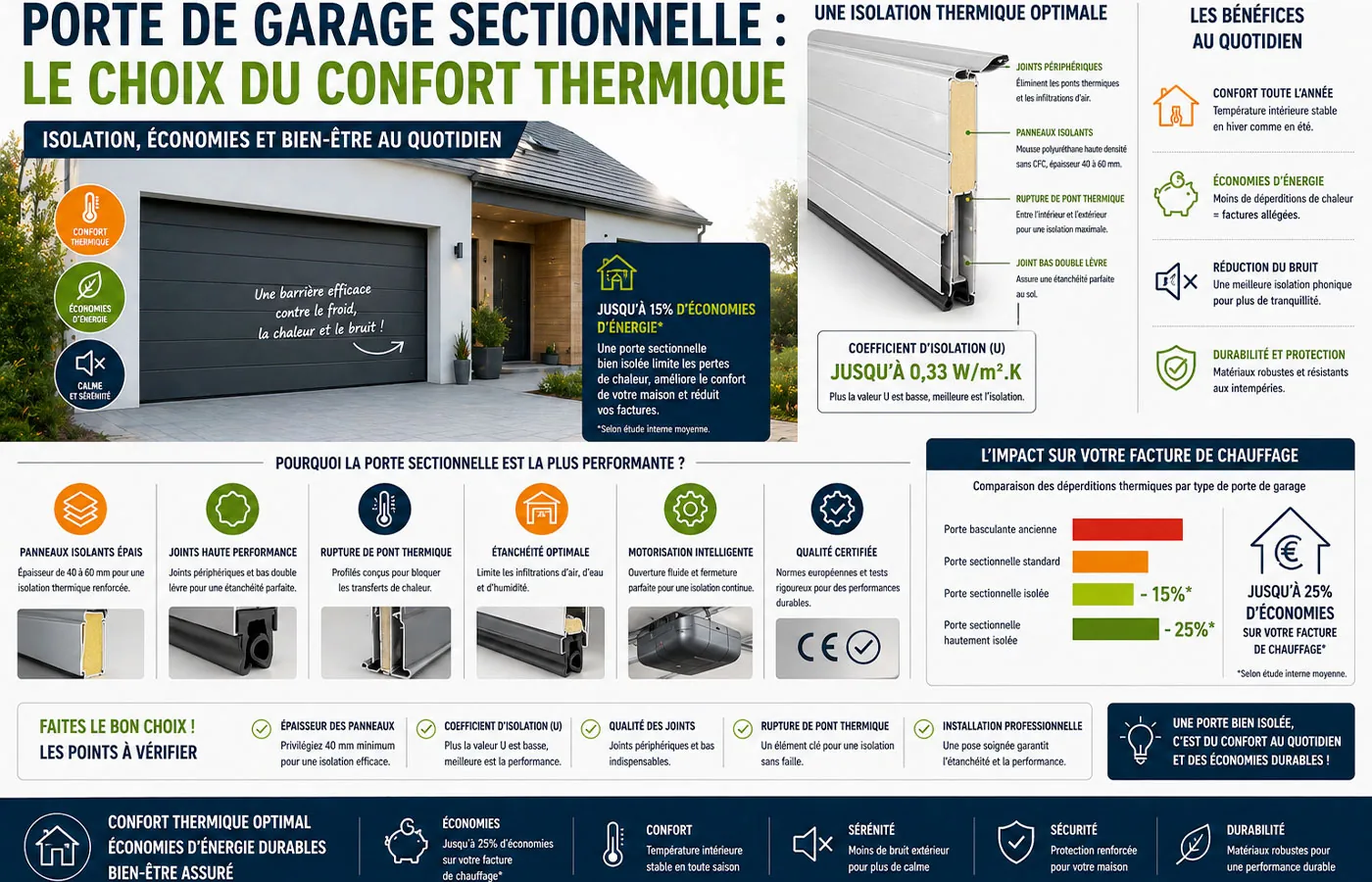 Pourquoi choisir une porte de garage sectionnelle pour le confort thermique : isolation, &eacute;conomies d&rsquo;&eacute;nergie et bien-&ecirc;tre expliqu&eacute;s en infographie