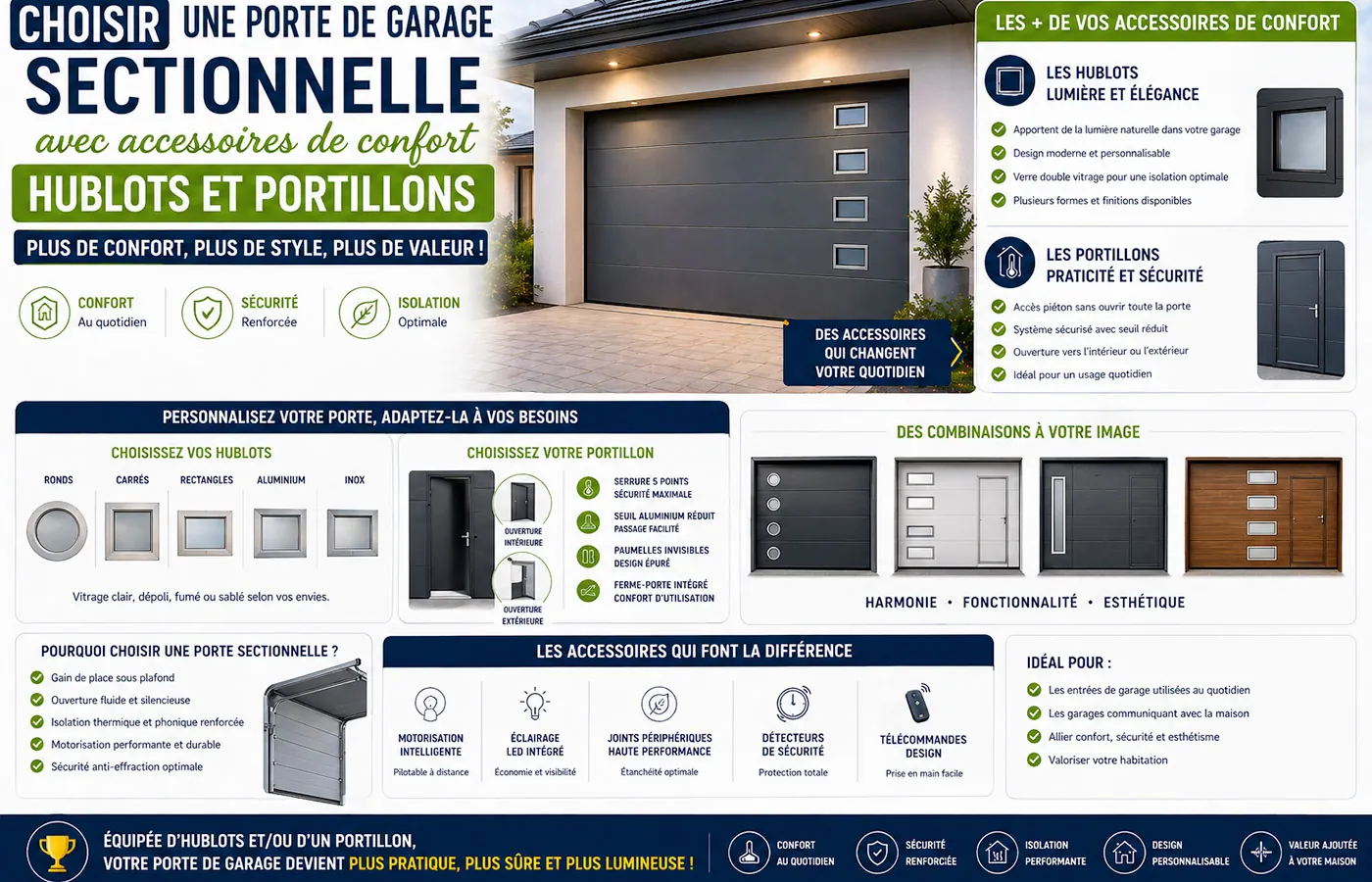 Pourquoi choisir une porte de garage sectionnelle avec hublots et portillon : avantages en confort, lumi&egrave;re naturelle et acc&egrave;s pratique