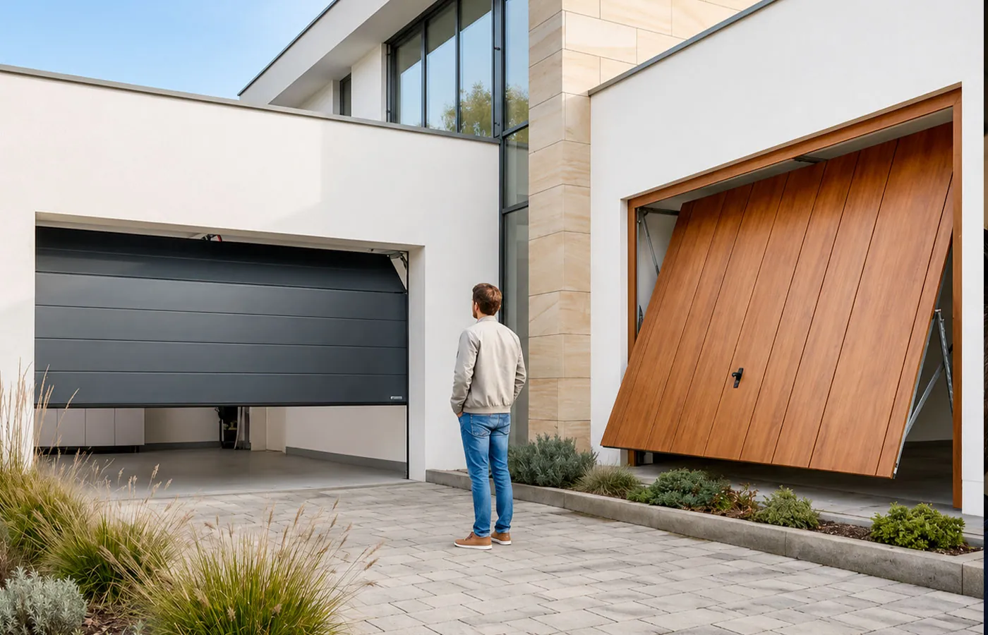 Comparatif entre une porte de garage sectionnelle anthracite et une porte de garage basculante finition bois sur une maison contemporaine.