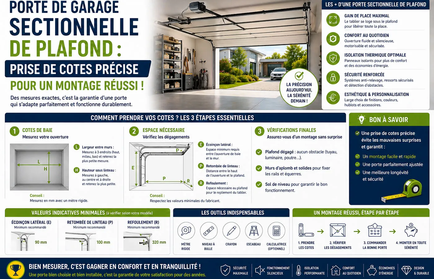 Comment prendre les mesures d&rsquo;une porte de garage sectionnelle de plafond pour un montage r&eacute;ussi avec conseils et &eacute;tapes cl&eacute;s