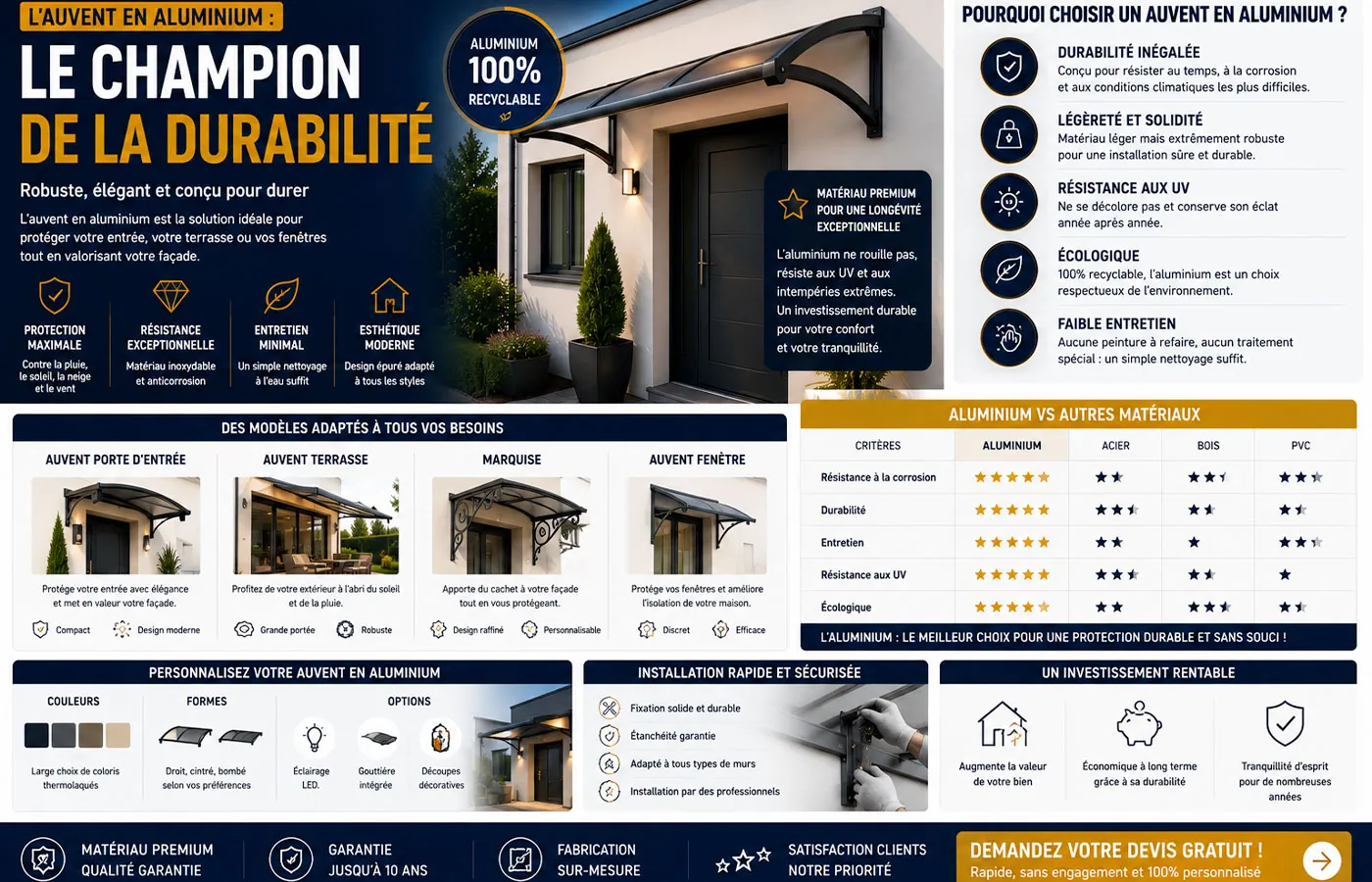 Pourquoi choisir un auvent en aluminium pour sa maison : durabilit&eacute;, r&eacute;sistance &agrave; la corrosion et solution id&eacute;ale pour prot&eacute;ger entr&eacute;e et terrasse
