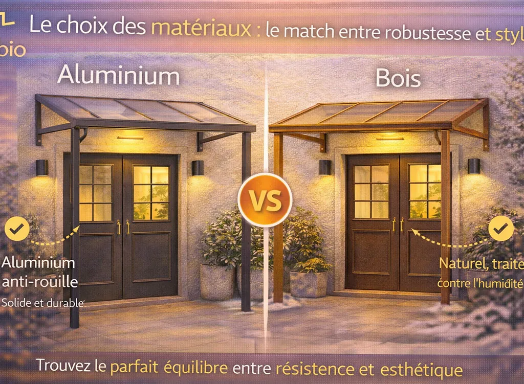 Comparatif d’auvents d’entrée en aluminium et en bois illustrant le choix des matériaux entre robustesse, durabilité et style esthétique
