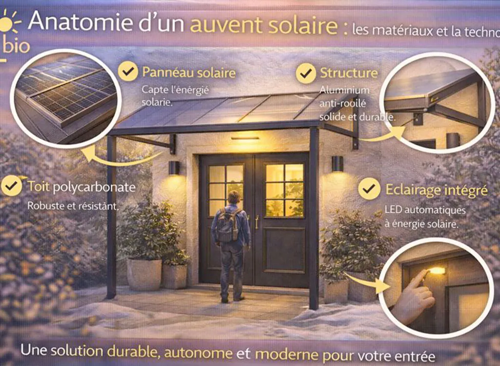Sch&eacute;ma explicatif de l&rsquo;anatomie d&rsquo;un auvent solaire d&rsquo;entr&eacute;e montrant les mat&eacute;riaux, la structure en aluminium, le toit en polycarbonate et la technologie d&rsquo;&eacute;clairage int&eacute;gr&eacute;