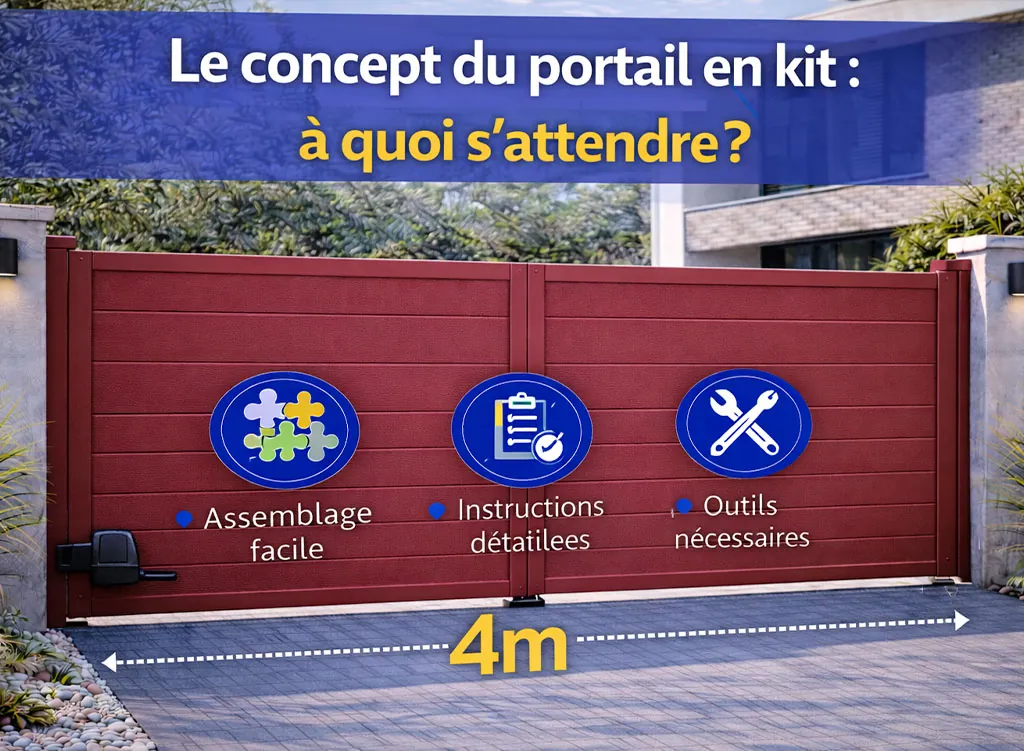 Portail aluminium battant classique RAL 3004 en kit, illustrant le concept du portail &agrave; assembler et les &eacute;l&eacute;ments &agrave; pr&eacute;voir avant l&rsquo;installation