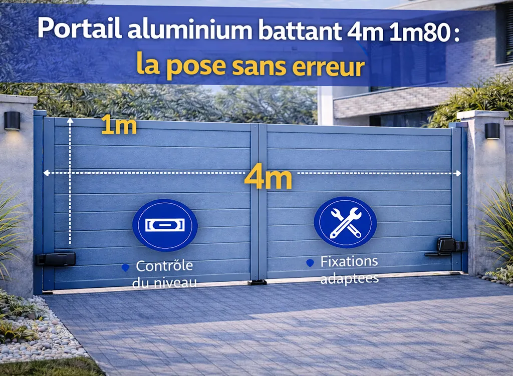 Portail aluminium battant classique RAL 5014 de 4 m&egrave;tres sur 1m80, illustrant les bonnes pratiques pour une pose pr&eacute;cise et sans erreur