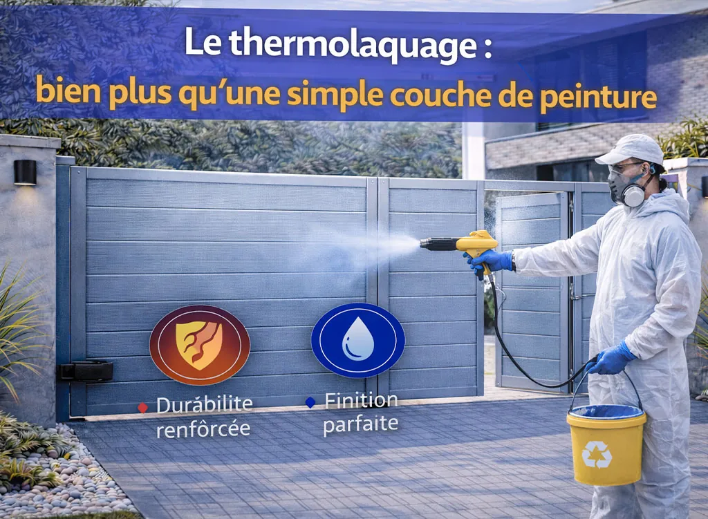 Thermolaquage d&rsquo;un portail aluminium battant r&eacute;alis&eacute; par un peintre professionnel, garantissant une finition durable et une protection renforc&eacute;e